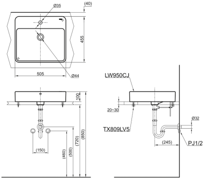 LW950CJW/F อ่างล้างหน้า แบบวางบนเคาน์เตอร์