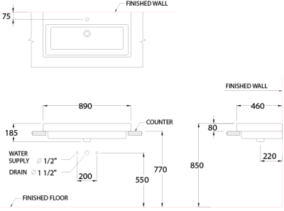 C0900 อ่างล้างหน้า แบบวางบนเคาน์เตอร์ รุ่น QUADO 90 (เจาะ 1 รูก๊อก)