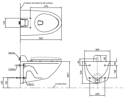 CWT708H โถสุขภัณฑ์แขวนผนัง (สำหรับฟลัชวาล์ว) (ชนิดท่อน้ำเข้าด้านหลัง)
