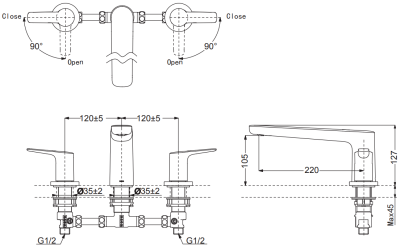 TBG03201T#BFG ก๊อกผสมสำหรับลงอ่างอาบน้ำ ชนิดติดเคาน์เตอร์ (3 รูก๊อก)