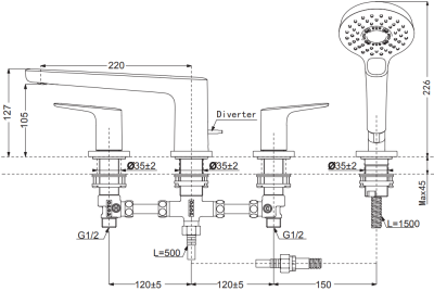 TBG03202T ก๊อกผสมสำหรับลงอ่างอาบน้ำ ชนิดติดเคาน์เตอร์ พร้อมชุดฝักบัวสายอ่อน (4 รูก๊อก)
