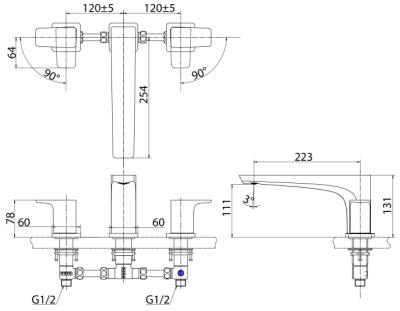 TBG07201T#PFG ก๊อกผสมสำหรับลงอ่างอาบน้ำ ชนิดติดเคาน์เตอร์ (3 รูก๊อก)
