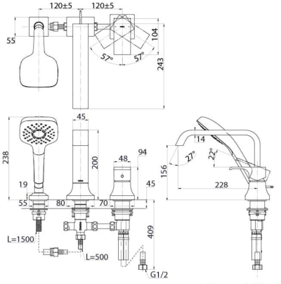 TBG08305T ก๊อกผสมสำหรับลงอ่างอาบน้ำ ชนิดติดเคาน์เตอร์ พร้อมชุดฝักบัวสายอ่อน (3 รูก๊อก)