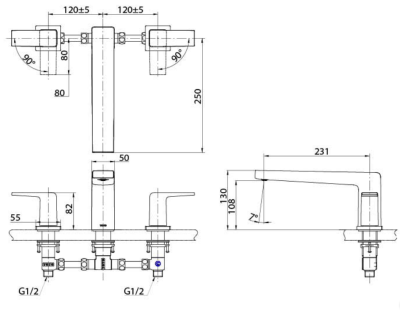 TBG10201T#PBR ก๊อกผสมสำหรับลงอ่างอาบน้ำ ชนิดติดเคาน์เตอร์ (3 รูก๊อก)