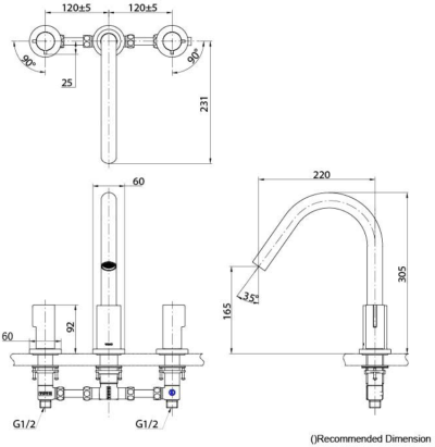 TBG11201T ก๊อกผสมสำหรับลงอ่างอาบน้ำ ชนิดติดเคาน์เตอร์ (3 รูก๊อก)