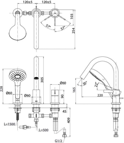 TBG11305T ก๊อกผสมสำหรับลงอ่างอาบน้ำ ชนิดติดเคาน์เตอร์ พร้อมชุดฝักบัวสายอ่อน (3 รูก๊อก)
