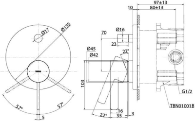 TBG11S04T#PBR ก๊อกผสมสำหรับลงอ่างอาบน้ำและยืนอาบชนิดฝังผนัง พร้อมชุดเปลี่ยนทิศทางน้ำ