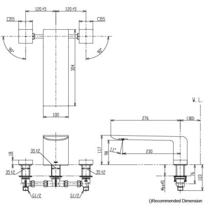 TBP02201T#PN ก๊อกผสมสำหรับลงอ่างอาบน้ำ ชนิดติดเคาน์เตอร์ (3 รูก๊อก)