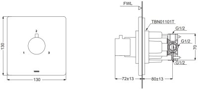 TBV02102T#PN ชุดเปลี่ยนทิศทางน้ำ (เข้า 1 ออก 3) สำหรับก๊อกผสมชนิดฝังผนัง แบบปรับอุณหภูมิคงที่สำหรับน้ำออก 3 ทาง *2