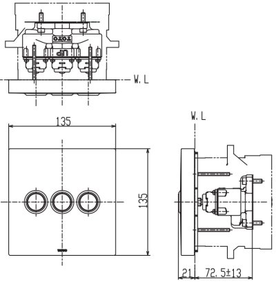 TBV02105T#BFG ชุดเปลี่ยนทิศทางน้ำ (เข้า 1 ออก 3) สำหรับก๊อกผสมชนิดฝังผนัง แบบปรับอุณหภูมิคงที่ สำหรับน้ำออก 3 ทาง แบบปุ่มกด*2
