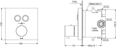 TBV02406T#BN ก๊อกผสมชนิดฝังผนัง แบบปรับอุณหภูมิคงที่ สำหรับน้ำออก 2 ทาง แบบปุ่มกด*1