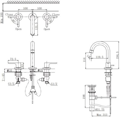 TLS01201T ก๊อกผสมอ่างล้างหน้า 3 รูก๊อก พร้อมสะดือป๊อปอัพ