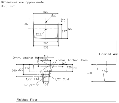 K-20843X-1-WK/K-20844X-WK อ่างล้างหน้า แบบขาตั้งลอย รุ่น FERN