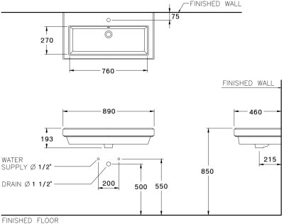 C0341 อ่างล้างหน้า แบบแขวนผนัง รุ่น CLASSIQUE 90 (เจาะ 3 รูก๊อก)