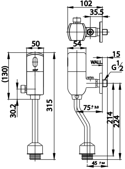 CT4803S ฟลัชวาล์ว ระยะติดตั้ง 45 มม. แบบเซ็นเซอร์ DC