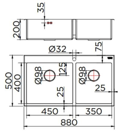 KK-03-020H-63 ชุดอ่างซิงค์ทรงเหลี่ยม แบบ 2 หลุมไม่มีที่พัก SUS304 หนา 1 พร้อมท่อน้ำทิ้ง+โฟมเส้น+คลิปล๊อค 880x500x200 มม.