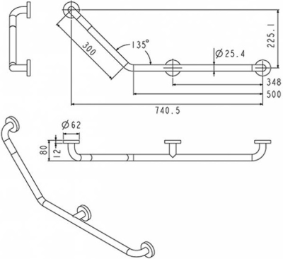 FBVHC-TS792A ราวทรงตัวสเตนเลส135องศา OD25มม.ขนาด300x500มม.(ขวา)SS