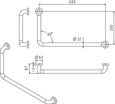 FBVHC-TS791C ราวทรงตัวสเตนเลส90องศา OD32มม.ขนาด 300x600มม.(ขวา)SS