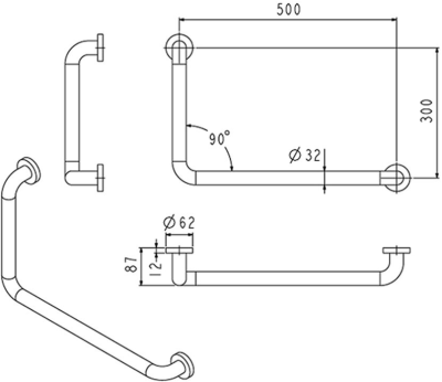 FBVHC-TS791B ราวทรงตัวสเตนเลส90องศา OD32มม.ขนาด 300x500มม.(ขวา)SS