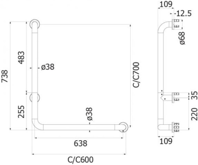 FBVHC-T791LS GRAB BAR C-T791 OD38 600X700MM 90 องศา สำหรับติดฝั่งขวา