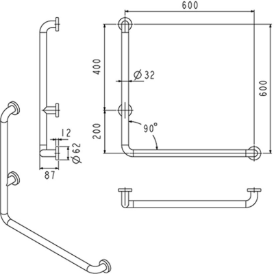 FBVHC-TS791D ราวทรงตัวสเตนเลส90องศา OD32มม.ขนาด 600x600มม.(ซ้าย)SS