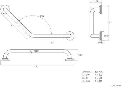 HR-6101-3-20 ราวกันลื่น แบบตัว V (135 องศา) ขนาด 20x20 ซม. ขนาดเส้นผ่านศูนย์กลาง (OD) 38 มม. ผิวแฮร์ไลน์