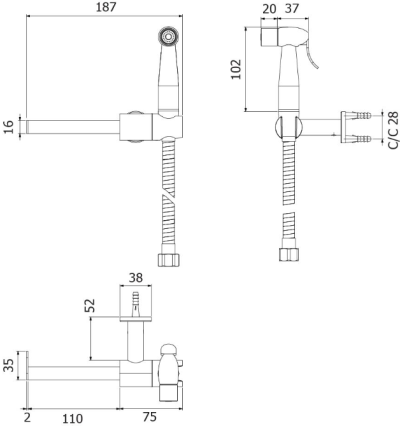 FXVH0-0044NS ชุดหัวฉีดชำระทรงตรง พร้อมขาเสียบแบบมีที่แขวนทิชชู่