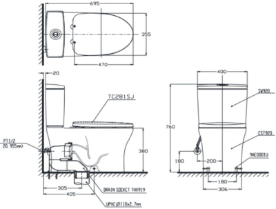 CST920E1 สุขภัณฑ์ แบบสองชิ้น 3/4.5 ลิตร (CST920T+TCW08S)