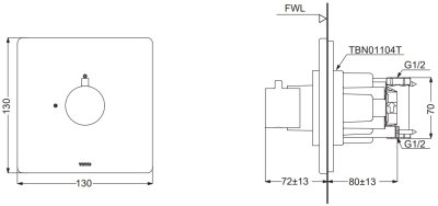 TBV01406T#PFG ก๊อกผสมชนิดฝังผนัง แบบปรับอุณหภูมิคงที่ สำหรับน้ำออก 3 ทาง *1