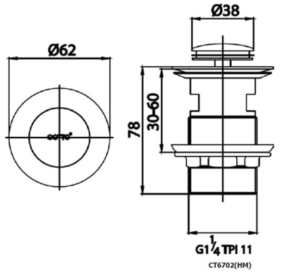 CT6702(HM) สะดืออ่างล้างหน้าแบบกด (มีรูน้ำล้น)