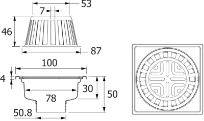 FUVHU-W001GS ตะแกรงหัวน้ำฝนสี่เหลี่ยม 4"ท่อ 2"