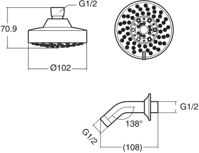 F40011-CHADY หัวฝักบัวก้านแข็ง ขนาด 100 mm แบบ 5 ฟังก์ชั่น (พร้อมก้านฝักบัว)