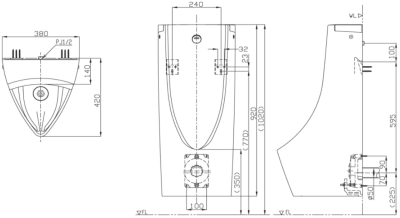 USWN900A โถปัสสาวะชายแบบแขวนผนัง พร้อมฟลัชวาล์วระบบเซ็นเซอร์ในตัว (แบตเตอรี่)