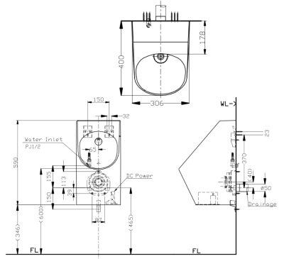 USWN925A โถปัสสาวะชายแบบแขวนผนัง พร้อมฟลัชวาล์วระบบเซ็นเซอร์ในตัว (แบตเตอรี่)