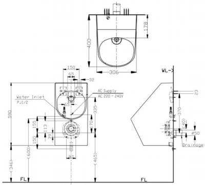 USWN925AE โถปัสสาวะชายแบบแขวนผนัง พร้อมฟลัชวาล์วระบบเซ็นเซอร์ในตัว (ใช้ไฟฟ้า 220V)