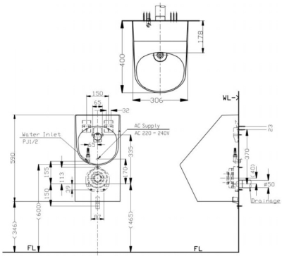 USWN925AS โถปัสสาวะชายแบบแขวนผนัง พร้อมฟลัชวาล์วระบบเซ็นเซอร์ในตัว และระบบ e-water+ (ใช้ไฟฟ้า 220V)