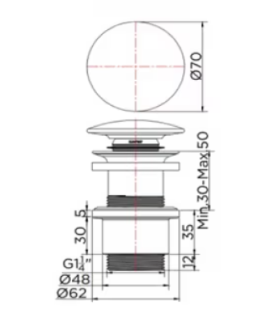 KA-08-251-55 สะดืออ่างล้างหน้าแบบกด (ไม่มีรูน้ำล้น) ฝาปิดเซรามิคสีดำ