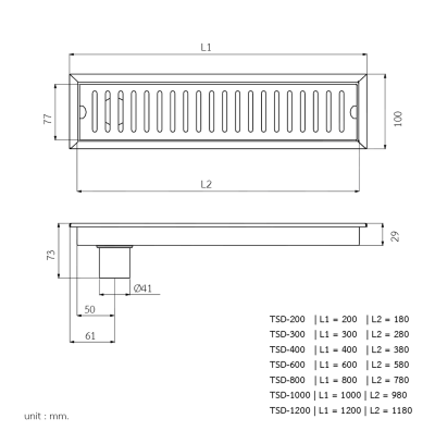 TSD-1200 ตะแกรงกันกลิ่นแบบรางยาว สำหรับปูกระเบื้อง 120 ซม.