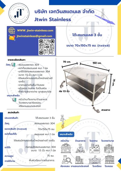 โต๊ะสแตนเลส 3 ชั้น