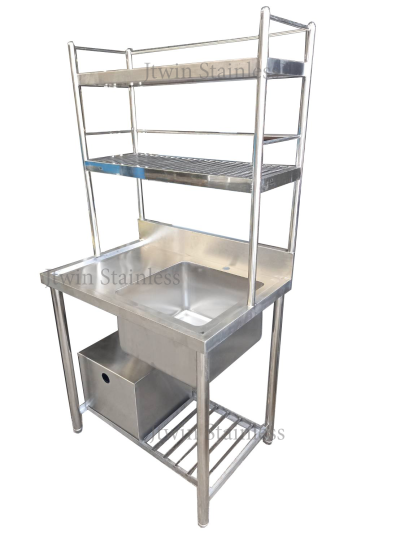 ซิ้งค์ล้างจานสแตนเลส 1 หลุมพร้อมที่ดักไขมัน+ชั้นลอย 2 ชั้น