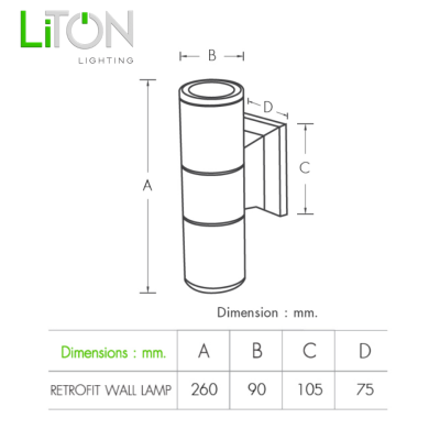 โคมเปล่าติดผนังส่องขึ้นลง ขั้ว E27 รุ่น CANNON ทรงกระบอก สีดำ