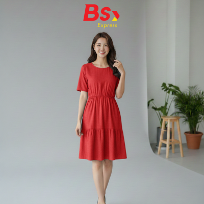 ชุดกระโปรงสีแดงผูกโบว์ คอปก