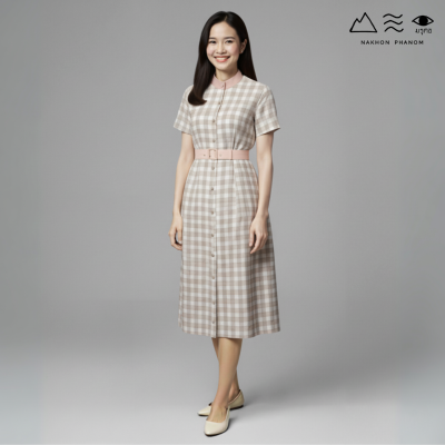 EPO ชุดเดรสยาวกระดุมหน้า+เข็มขัด เปลือกไม้