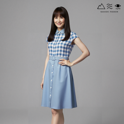 EPO ชุดเดรสสั้น กระดุมหน้า+เข็มขัด ครามอ่อน