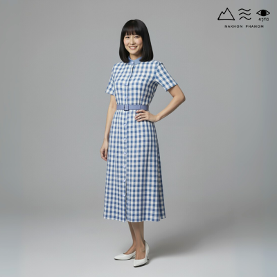 EPO ชุดเดรสยาวกระดุมหน้า+เข็มขัด ครามอ่อน