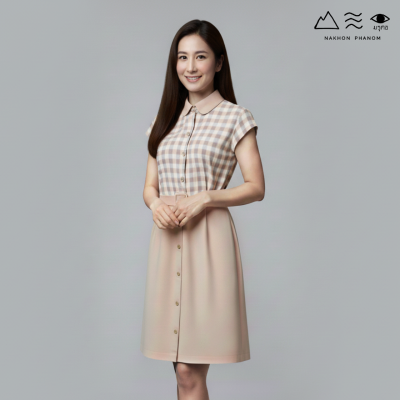 EPO ชุดเดรสสั้น กระดุมหน้า+เข็มขัด เปลือกไม้