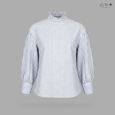 เสื้อแขนบอลลูน จีบรอบคอ ลายทาง คราม-ขาว