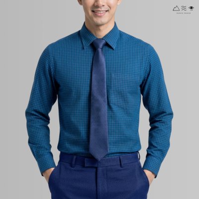 เสื้อเชิ้ต ช แขนยาว ผ้าทอมือ ครามตาราง