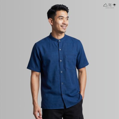 เสื้อเชิ้ต ช คอจีน แขนสั้น กระดุมยาว ครามเข้ม