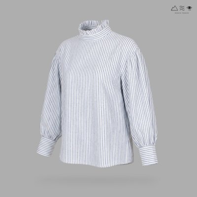 เสื้อแขนบอลลูน จีบรอบคอ ลายทาง คราม-ขาว